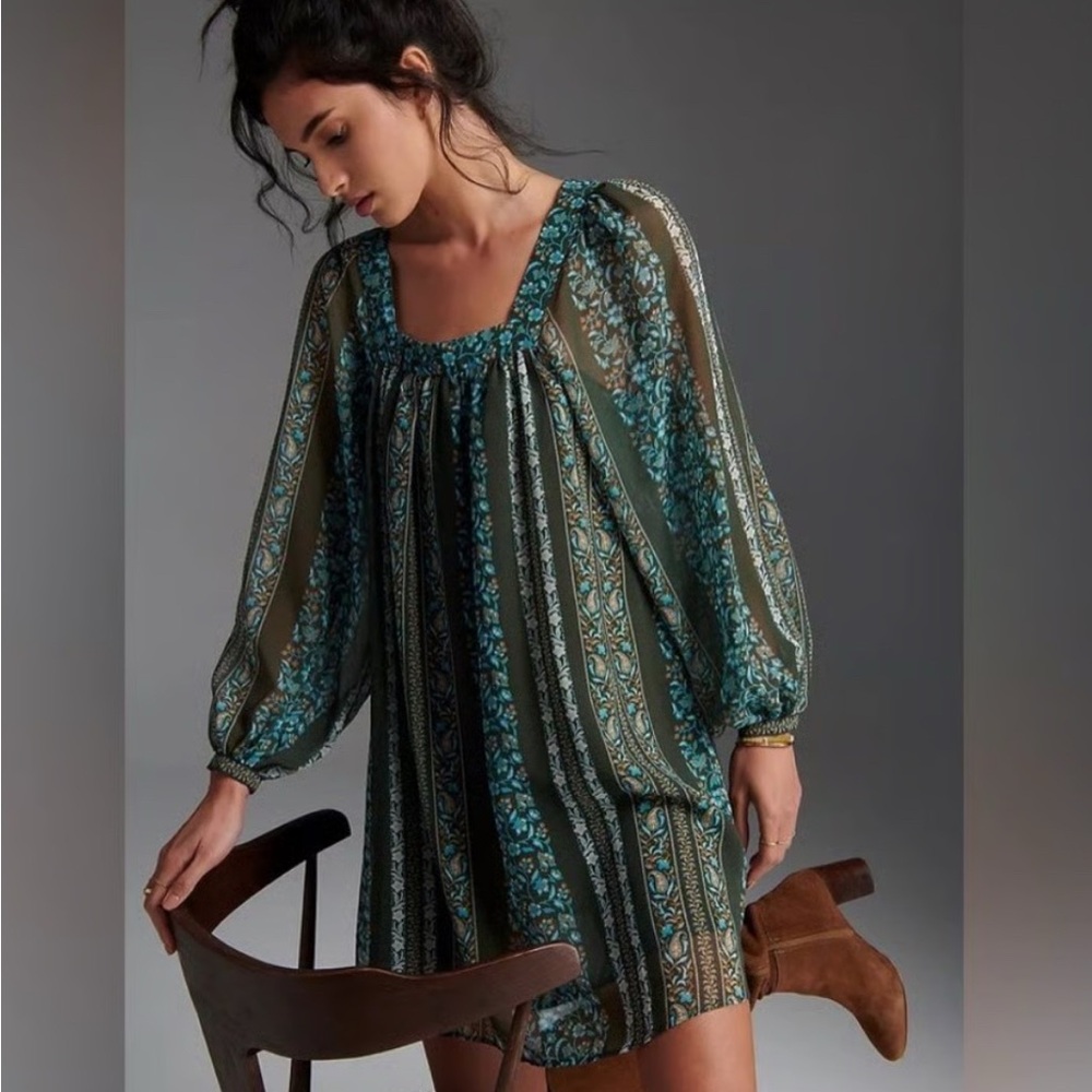 Anthropologie Women’s Blue Green Floral Sona Tunic Mini Dress Size Small - Picture 5 of 12